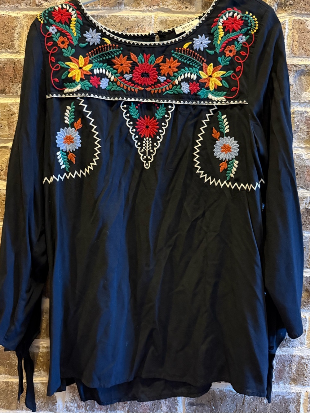 Jodifl Black Floral Embroidered Boho Blouse Medium Long Sleeve Tie Cuffs